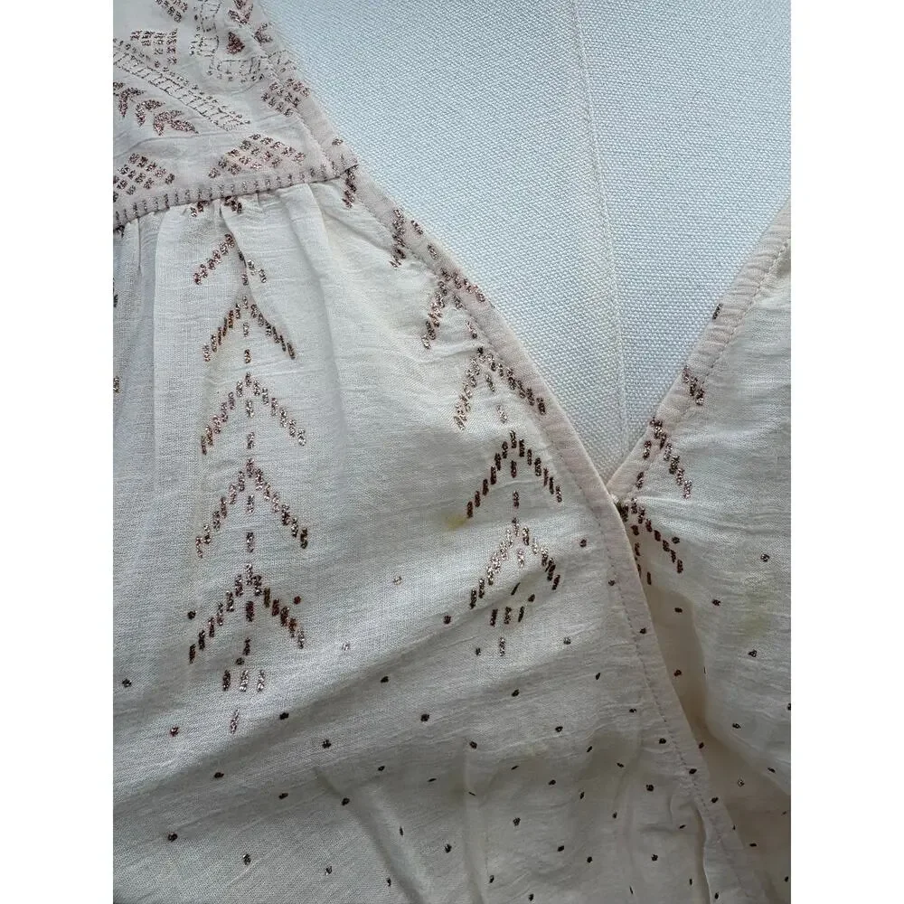 Free People Counting Stars Peplum Top Large Cream Gold Metallic Ruffle Peasant
